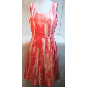Tahari Pink Watercolor Fit & Flare Day Dress Sleeveless Pleated Knee Length sz 8
